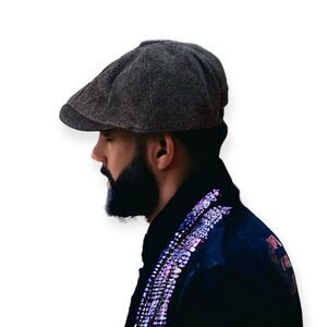 Gray Black Herringbone Tweed Newsboy Flat Cap NEW